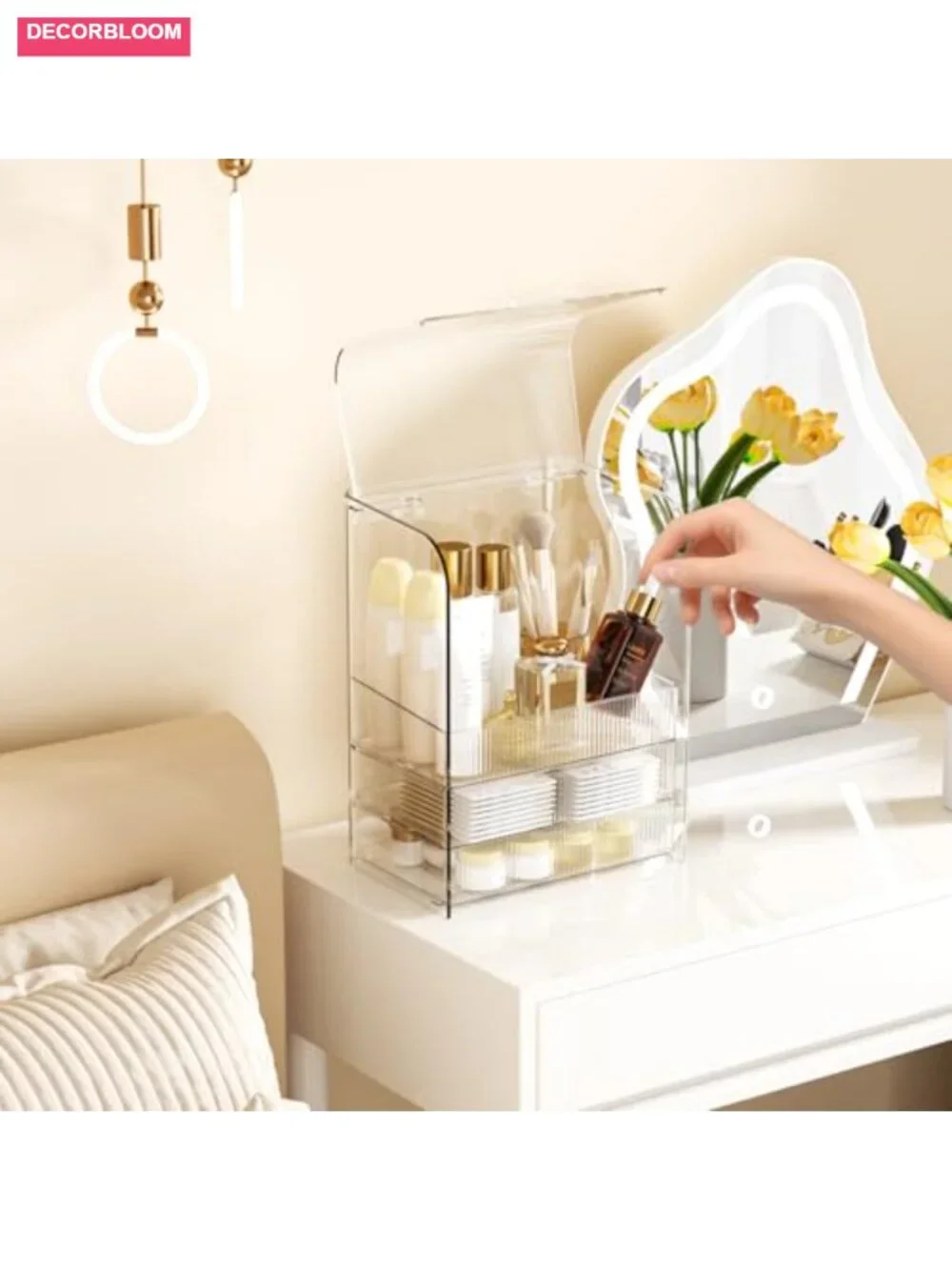 3 Tier Clear Acrylic Makeup Cosmetic Organizer with Lid & Drawers - Countertop